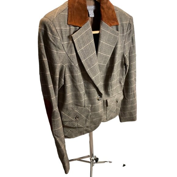 Kenar Brown Plaid Suede Leather Trim Elbow Pads Single Button Blazer Sz 8 - Picture 3 of 10